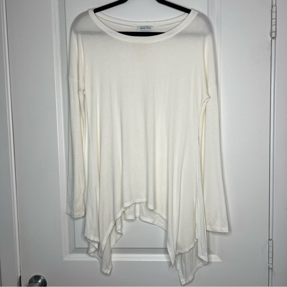 Grace & Lace Everyday Favorite Ribbed Tee Size Small White casual Stretch